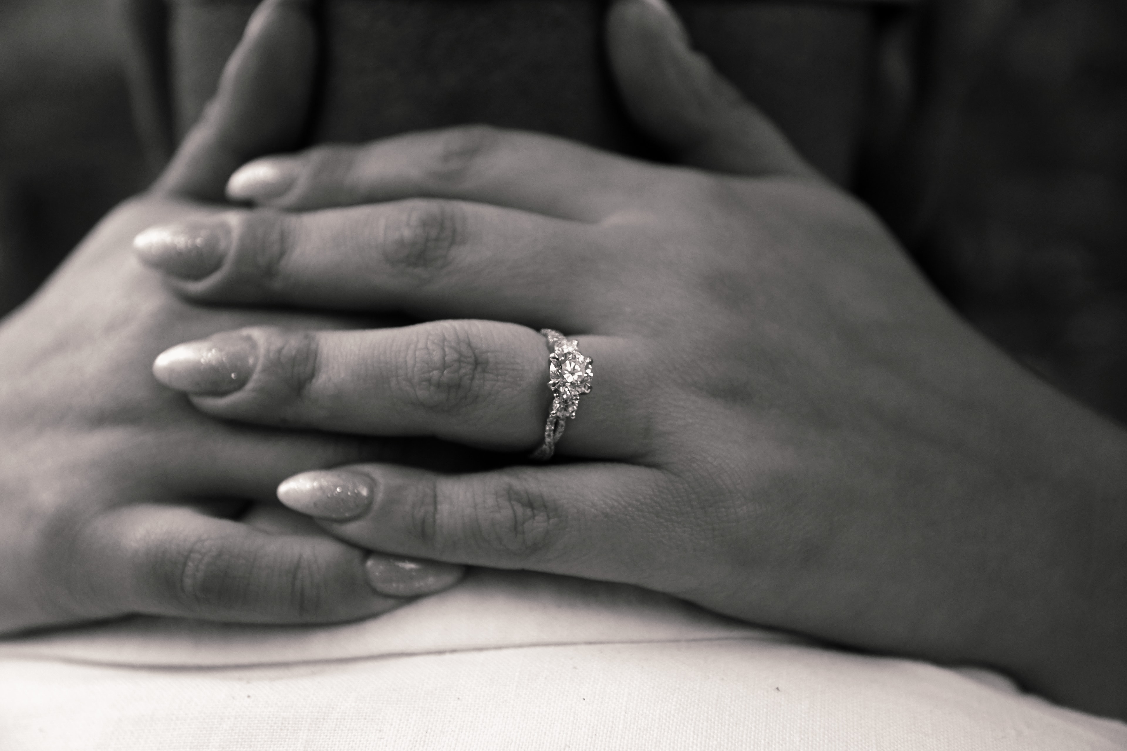 Black and white engagement ring close-up